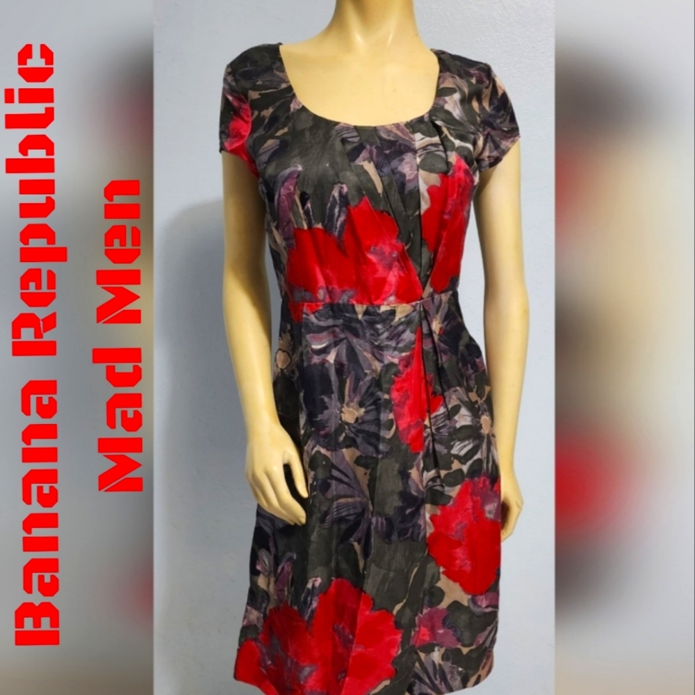 Banana Republic Mad Men Collection Begonia Red Combo Sheat Dress Size 4